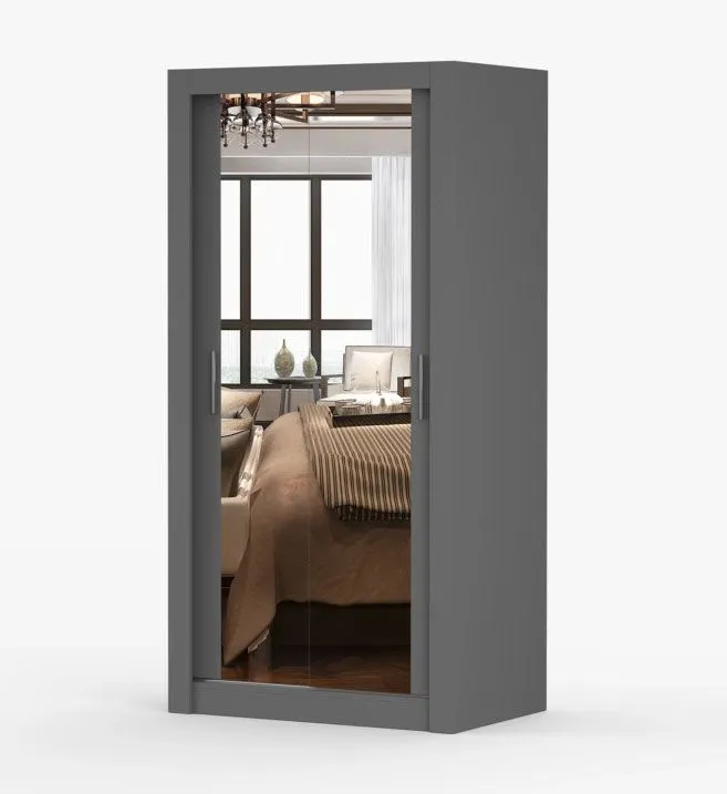 Schiebetürenschrank / Kleiderschrank mit Spiegel | 200 x 100 x 64 cm | Grau | Biokovo 03 | 2 Türen | 7 Fächer | viel Stauraum | Einfarbig | eckig