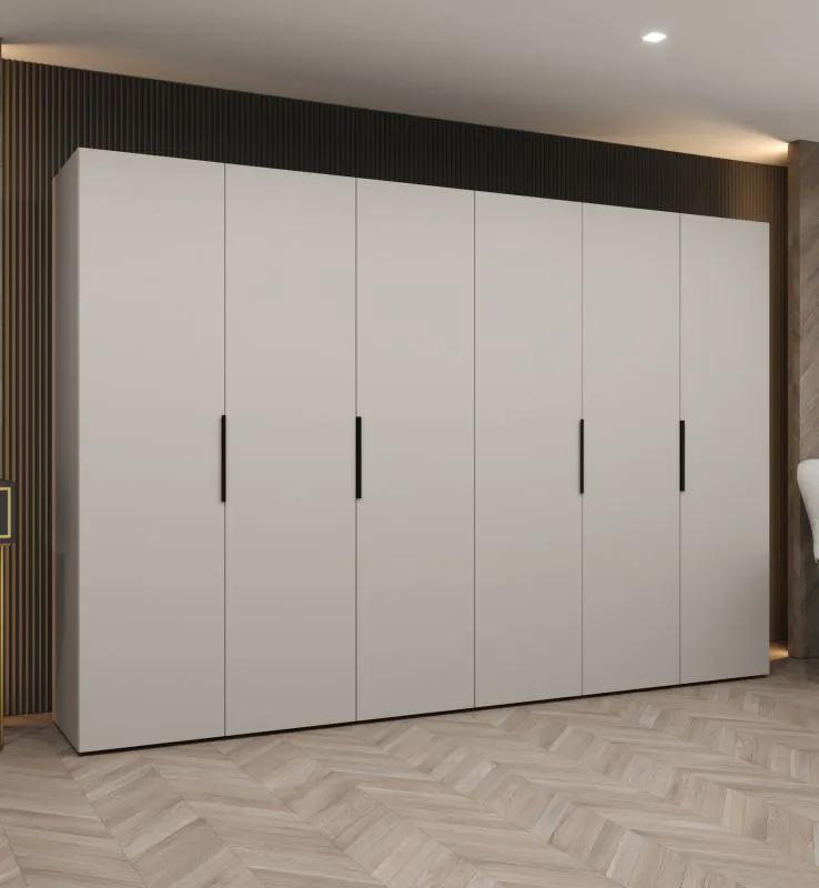 Kleiderschrank mit vier Kleiderstangen Korab 53, Farbe: Kaschmir, 3 Meter breit, vier Fächer, Soft-Close, sechs Türen, Griffe: Schwarz, Drehtürenschrank