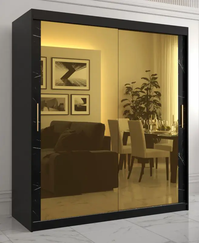 Kleiderschrank mit edlen Design Hochfeiler 88, Farbe: Schwarz 7 Schwarzer Marmor - Abmessungen: 200 x 180 x 62 cm (H x B x T), mit 10 Fächern und zwei Spiegel