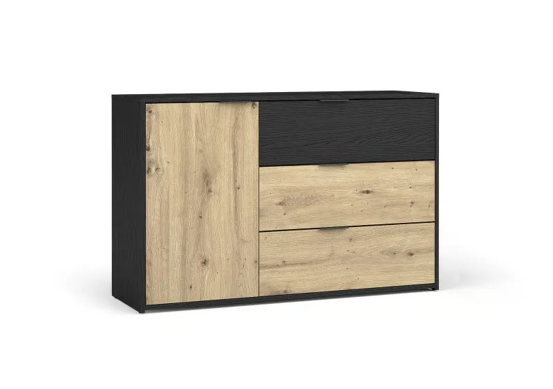 Kommode / Sideboard mit drei Fächer Galatsi 05, Farbe: Schwarz mit Holzstruktur / Eiche Artisan, ABS-Kantenschutz, Maße: 79,5 x 139 x 35 cm, drei Schubladen