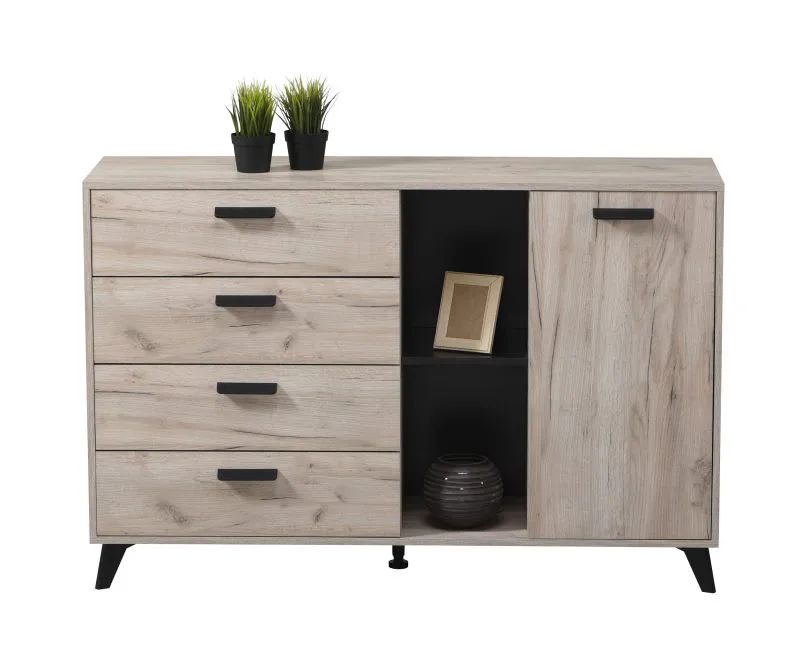 Kommode mit vier Schubladen Vracar 01, eine Tür, vier Fächer, Farbe: Eiche Grau, ABS, Maße: 90,5 x 138 x 40 cm, Griffe & Beine: Schwarz, für Wohnzimmer