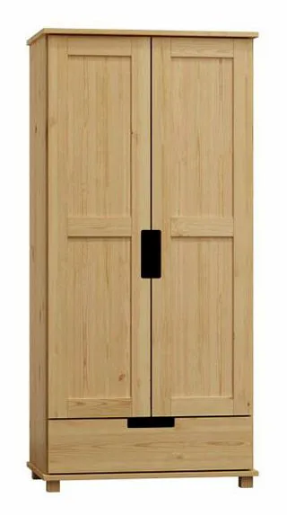 Kleiderschrank | 2 Drehtüren | 1 Schublade | 4 Fächer | mit Kleiderstange | 80 cm breit | Massivholz | Farbe: Natur Abbildung